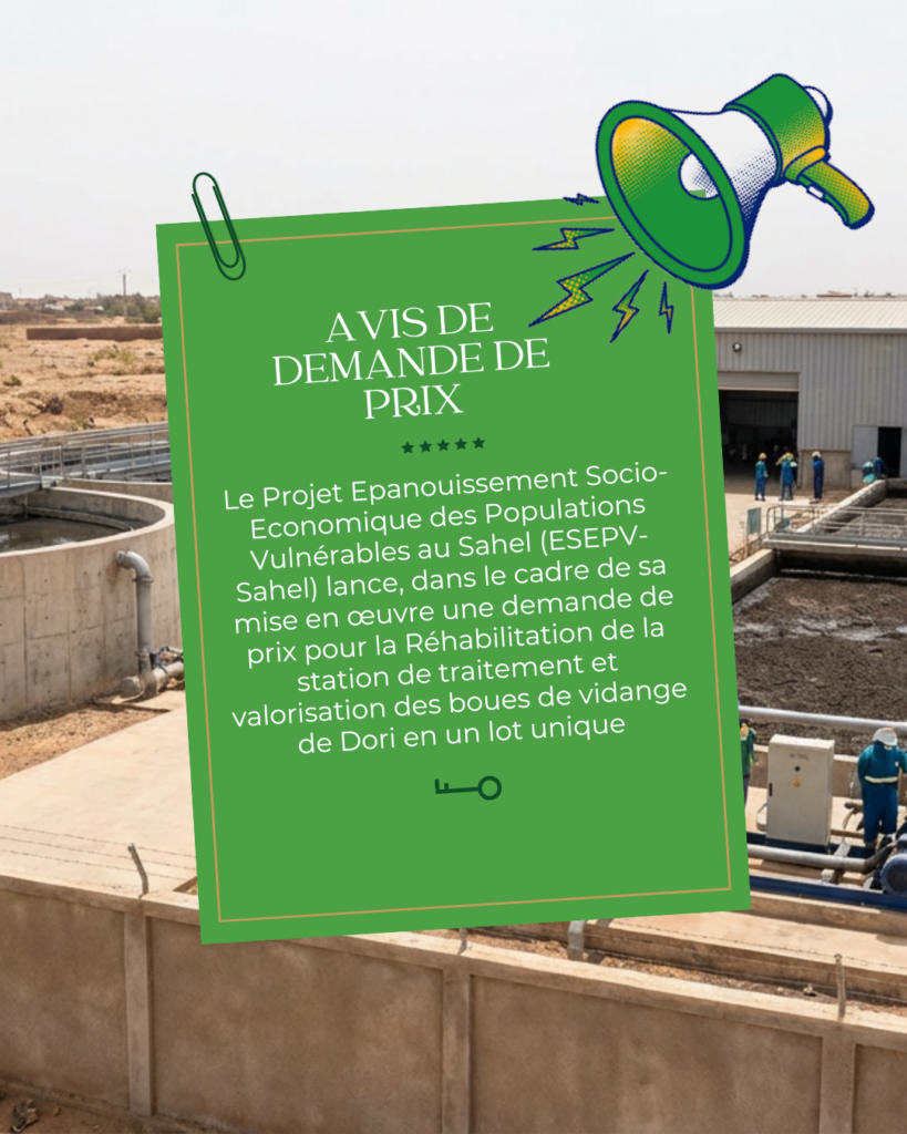 Demande de prix pour la Réhabilitation de station de traitement et valorisation des boues de vidange